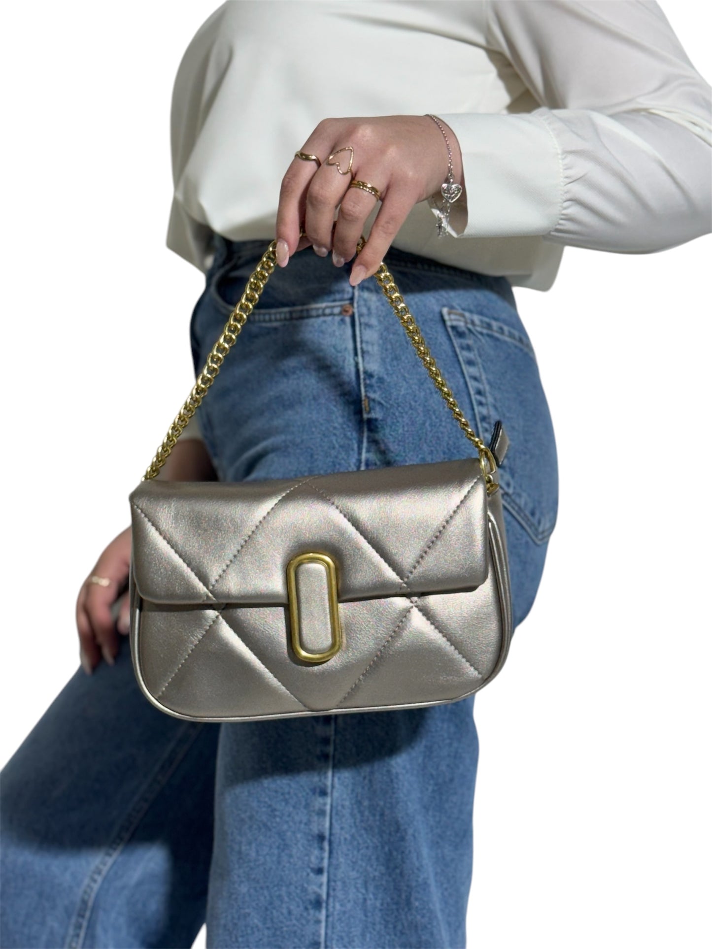 Bolso Acolchado Dorado Champagne con Cadena