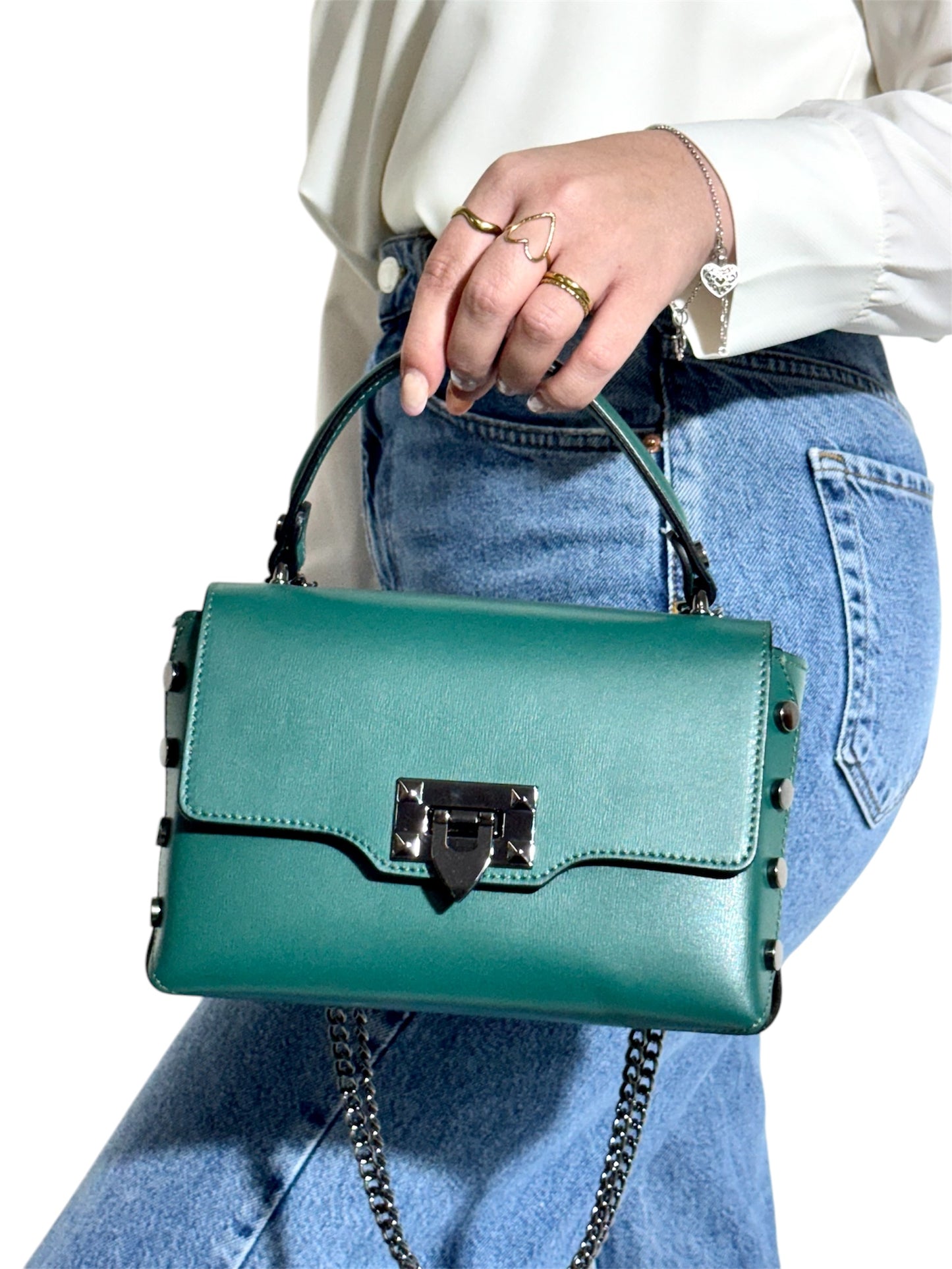 Bolso Piel Verde Esmeralda con Cadena y Cierre Metálico