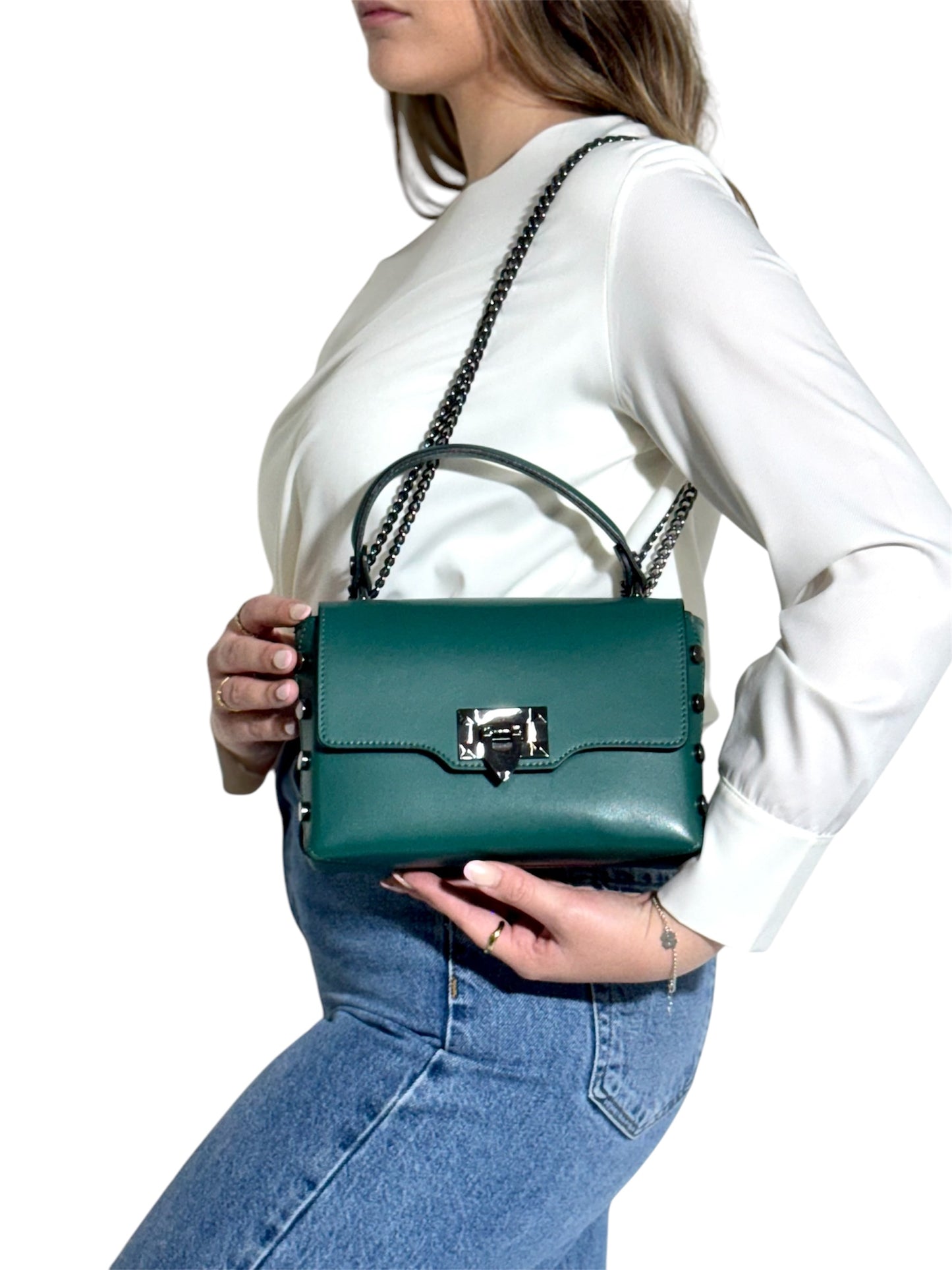 Bolso Piel Verde Esmeralda con Cadena y Cierre Metálico