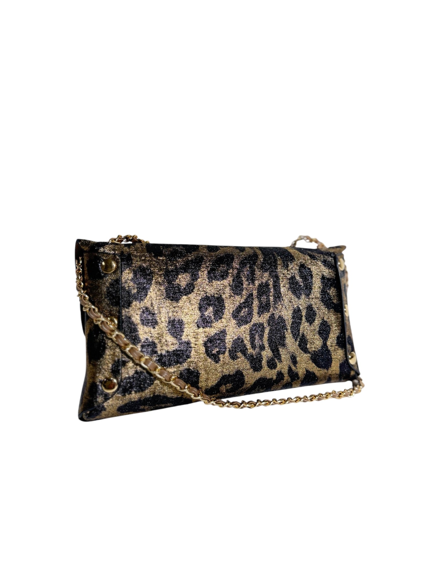 Clutch Leopardo Dorado con Cadena Metálica