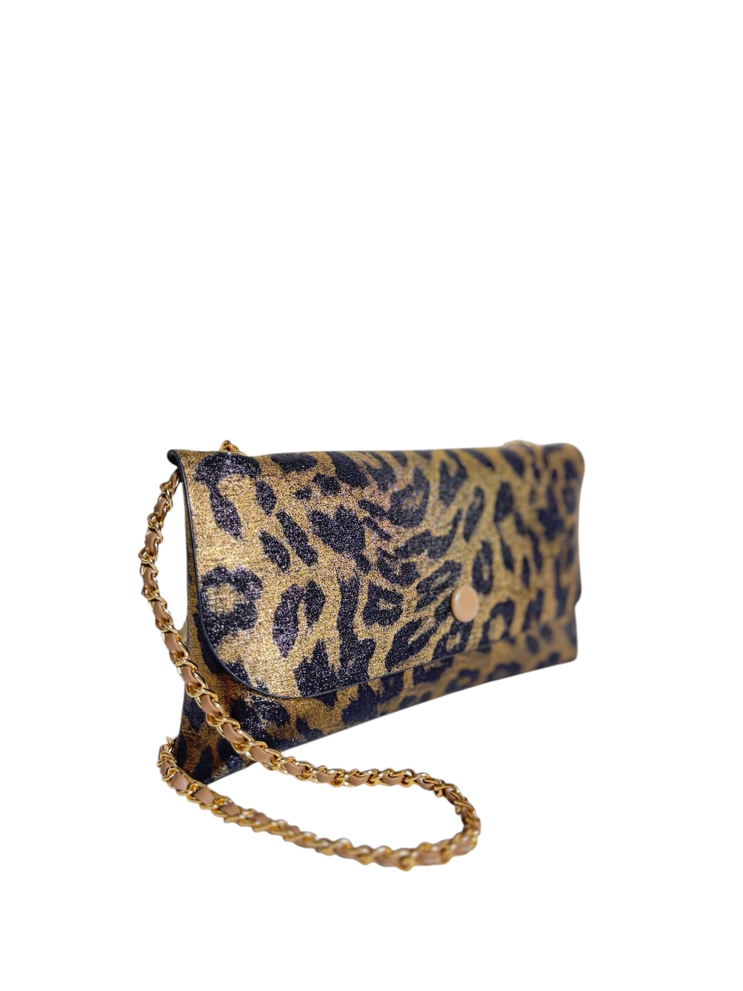 Clutch Leopardo Dorado con Cadena Metálica
